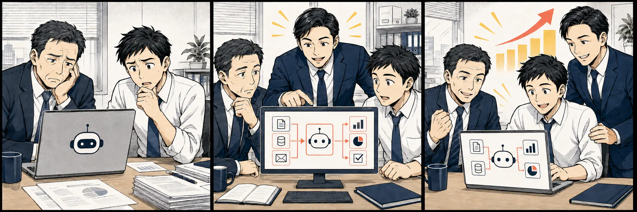 AIが使われない状態から伴走支援を経て現場で自走するまでを描いた3コマ漫画